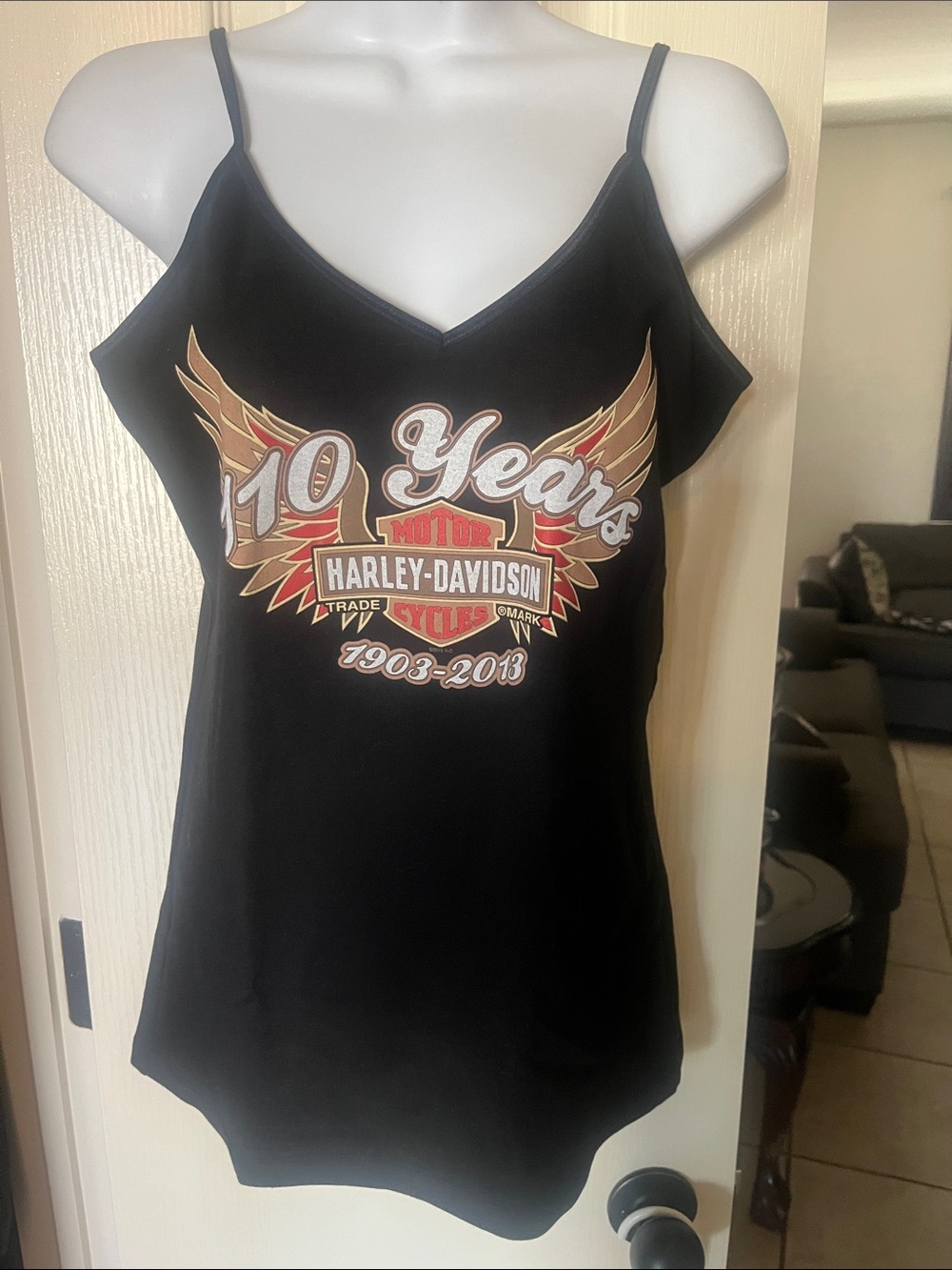 NWT- Harley-Davidson Black Tank Top with Gold and Red Winged 110 Years Graphic
